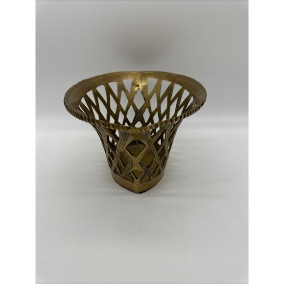 Vintage Brass Weave Lattice Basket Planter Fruit Bowl - Picture 6 of 13